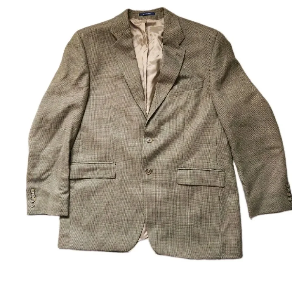 Chaps Ralph Lauren 100% Wool Houndstooth Double Breasted Blazer Brown Lined 44L